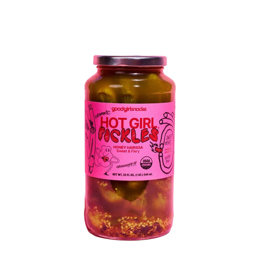 Jar of 'Hot Girl Pickles' with a pink label on a pink background