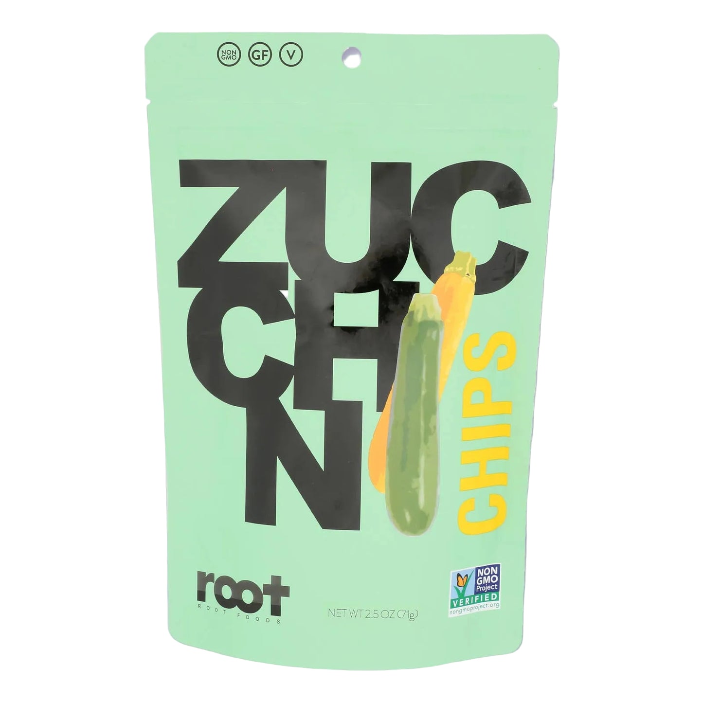 Zucchini chip packaging with 'root' brand on a light purple background