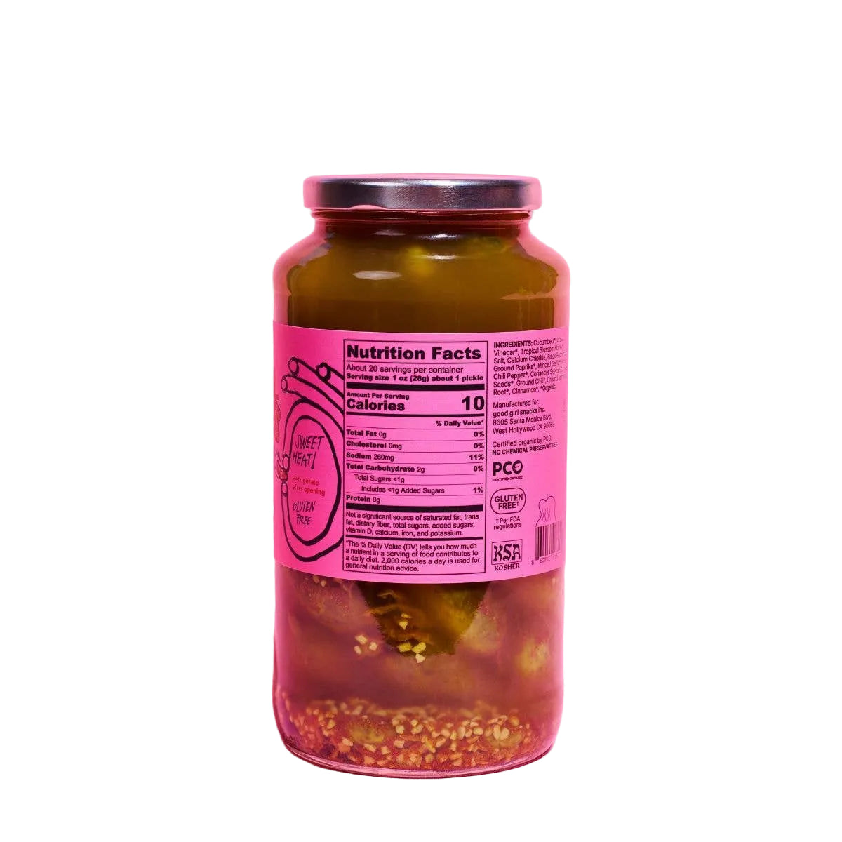 Jar of pickles with a pink label on a pink background