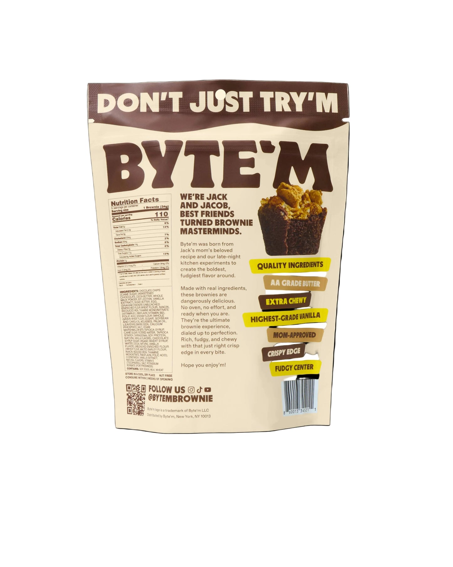 Byte'm brownie packaging with text and graphics on a beige background