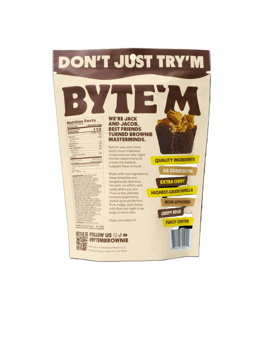 Byte'm brownie packaging with text and graphics on a beige background