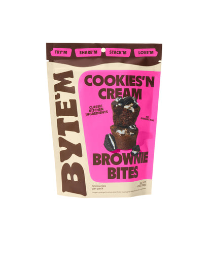 Bag of Byte'm Cookies 'n Cream Brownie Bites on a beige background