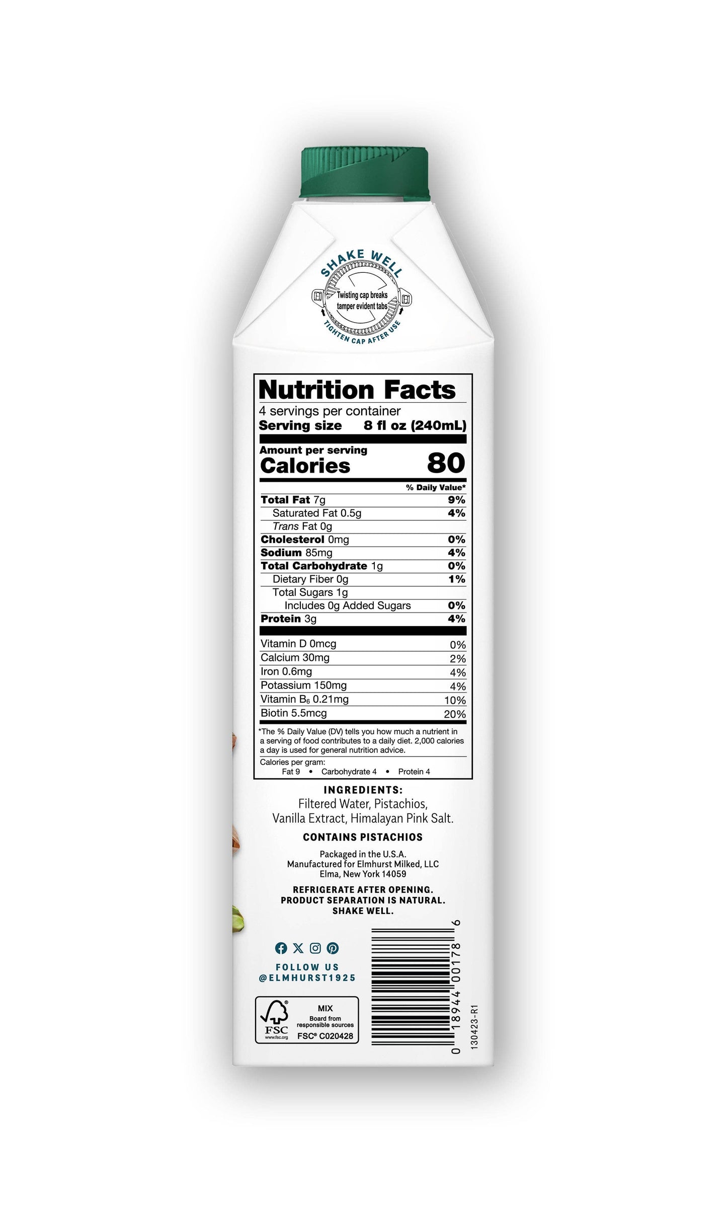 Elmhurst 1925 - Unsweetened Vanilla Pistachio Milk, 32oz